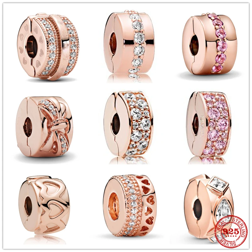 

Hot Rose Gold Bead Sparkling 925 Sterling Silver Clip Charm Beads Fit Original Pandora Bracelet DIY Jewelry For Women