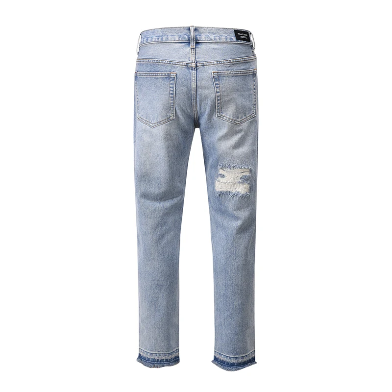 

Knee Hole Frayed Casual Jeans For Men Streetwear Straight Oversize Washed Retro Denim Trousers Hip Hop Men Clothing