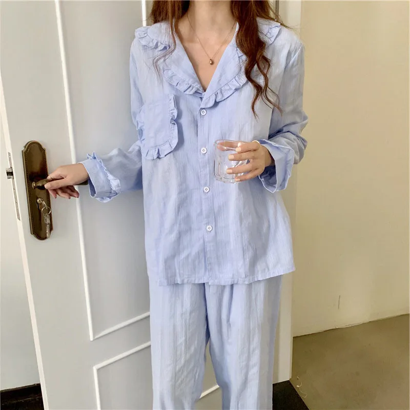 Cotton Pajamas Women's 2021 Spring Autumn New Comfortable Lace Leisure Sweet Home Clothes 2Pcs Set Female Sleepwear Nightwear