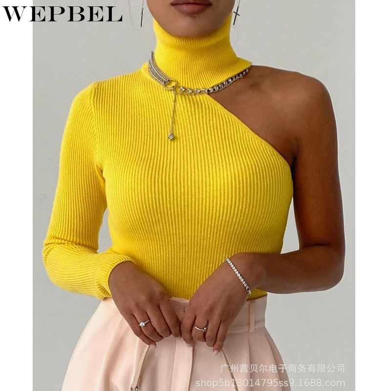 

WEPBEL Sweater Women's Casual Slim-Fit Solid Color One-Shoulder Sweater Autumn Long Sleeve Turtleneck Off-Shoulder Sweater