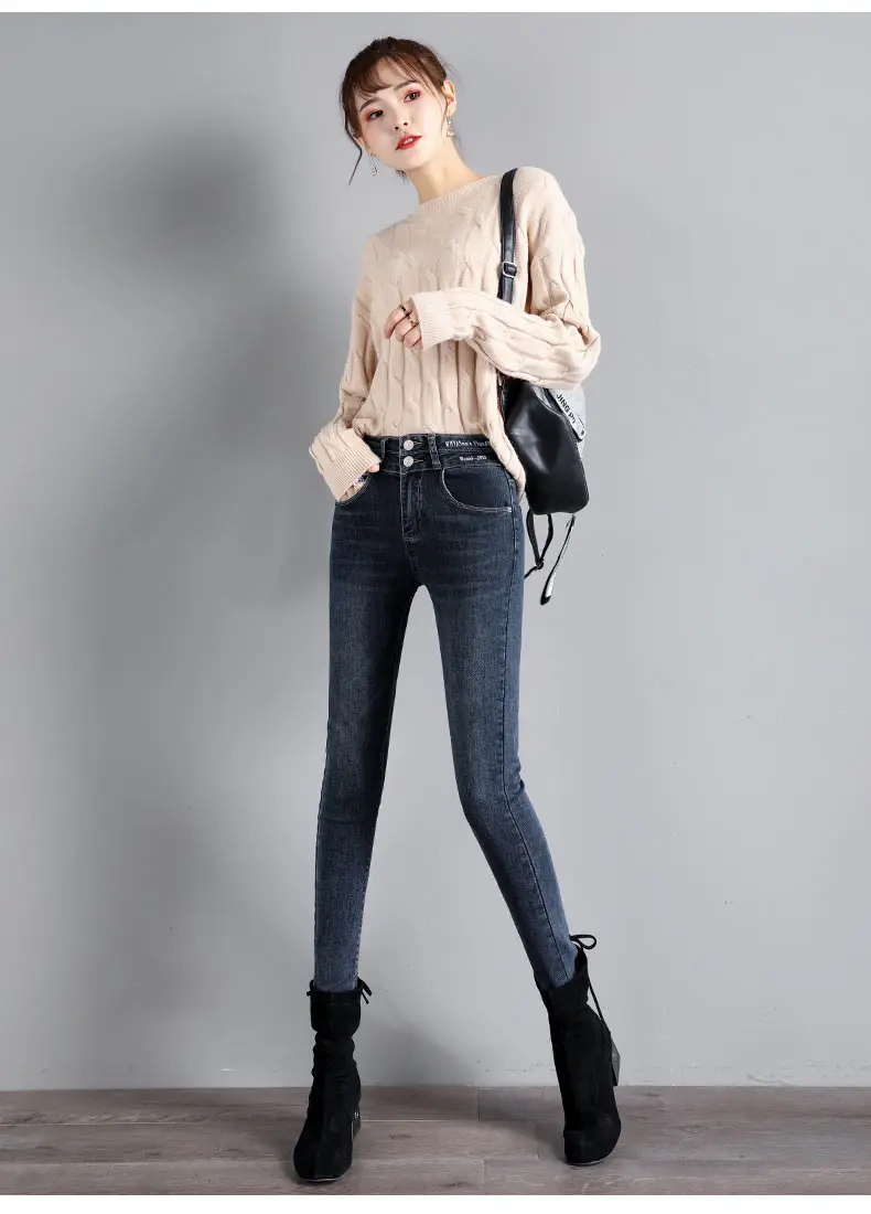 

Ff8508 2019 new autumn winter women fashion casual Denim Pants Plus cashmere thickening warm High waist womens
