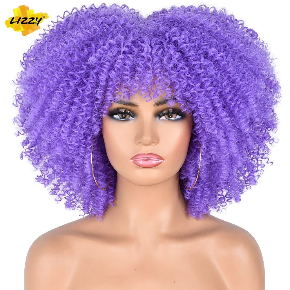 

Lizzy Short Hair Afro Kinky Curly Wigs With Bangs For Black Women Synthetic Cosplay Bomb Omber African Glueless Wigs