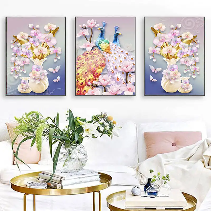 Модульная картина с рисунком розового пера HD каркас 3 панели павлин