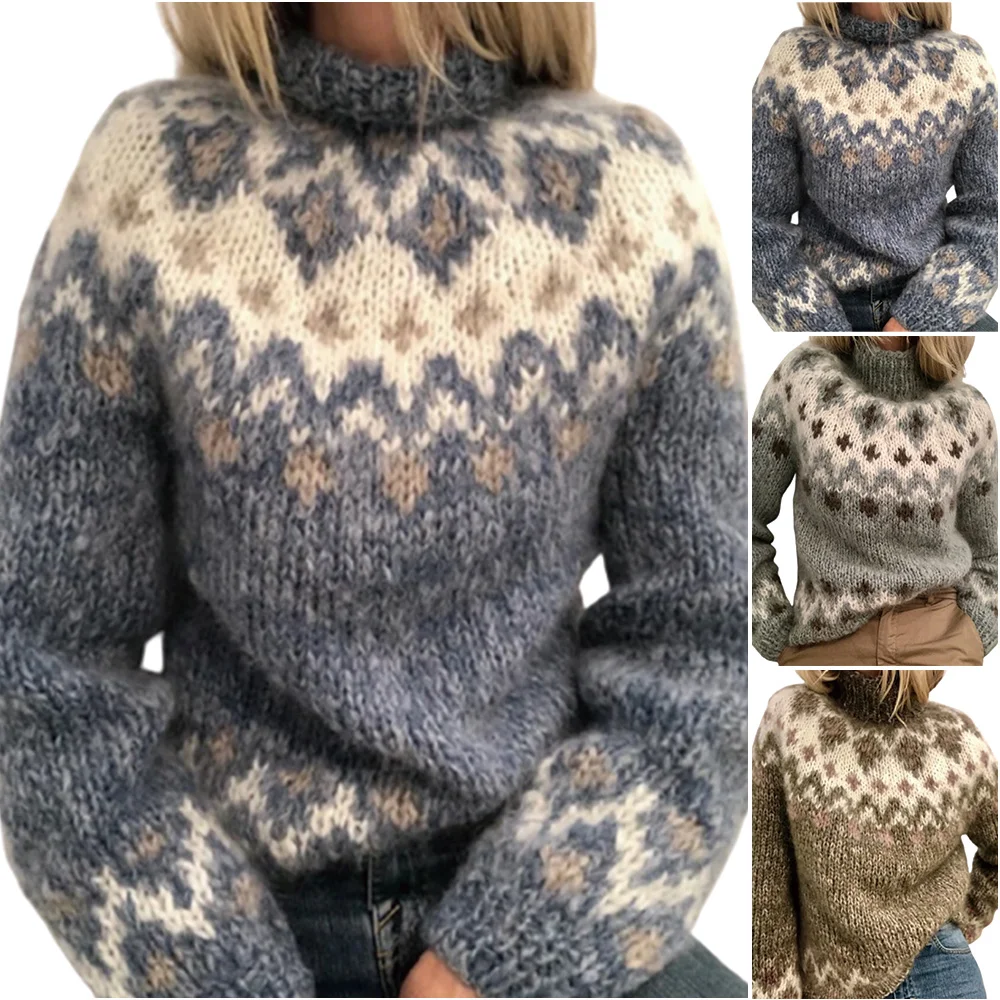 

VICABO Womens Winter Printing Warm Knitted Tops Long Sleeve Sweater Ladies High Neck Jumper Tops Female Pullover Mujer