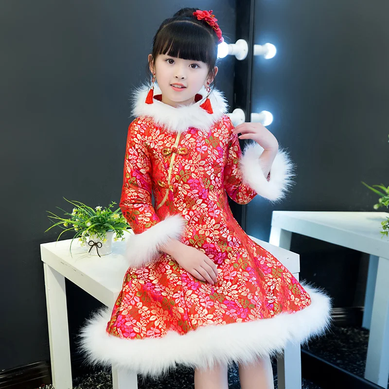

Новогоднее платье-Ципао, традиционное китайское платье для девочек, зимнее плотное и стеганое платье-Ципао, детская Китайская одежда