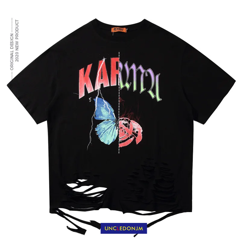 UNCLEDONJM Break off Hem Hole Short-Sleeved T-shirt Men's Summer Beggar Knife Cut Damage Hip Hop Butterfly tops tee RF-C03 | Мужская