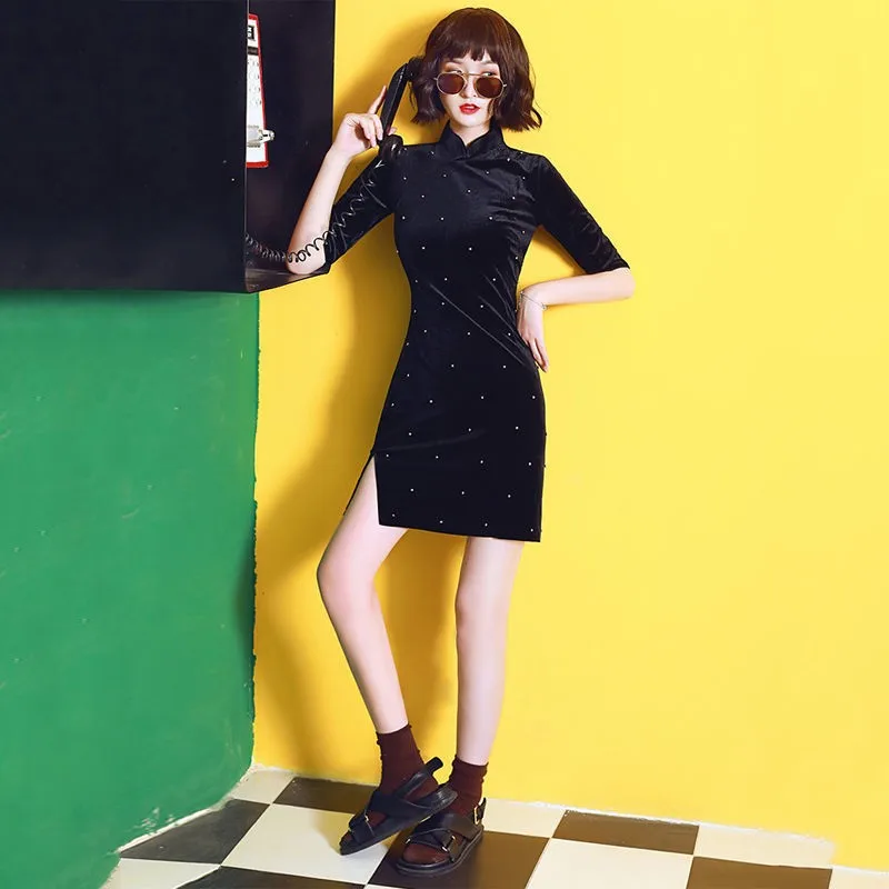 Крутое черное велюровое китайское платье-Ципао для женщин пикантное тонкое