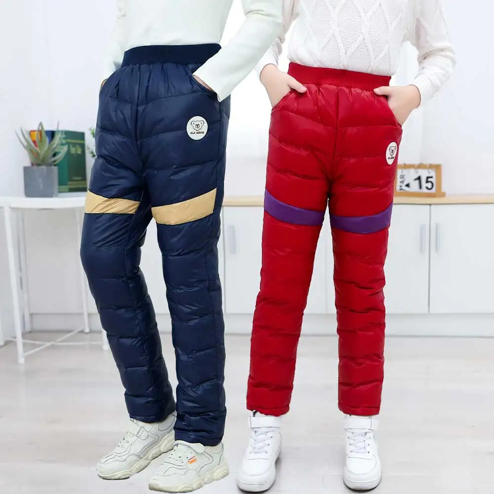 Брюки для мальчиков и девочек зимние теплые пуховые штаны подростков утепленные