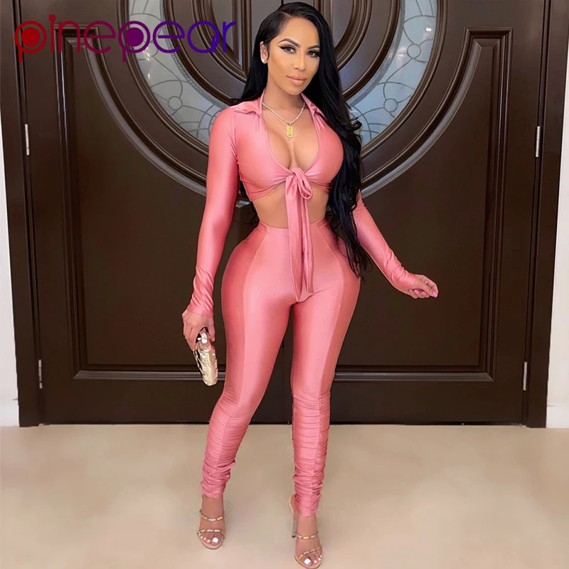 

PinePear Women Winter's Suits Long Sleeve Bandage Crop Top + High Waist Pencil Pants Cute Pink Female 2 Pieces Sets Dropshipping