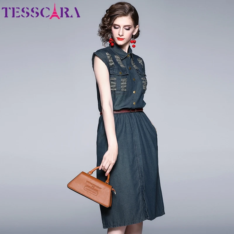Женское джинсовое платье TESSCARA элегантное винтавечерние ное вечернее без рукавов