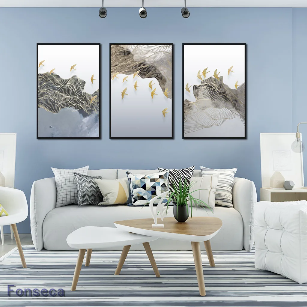 Новый китайский абстрактный пейзаж линия холст живопись гора птица плакат и