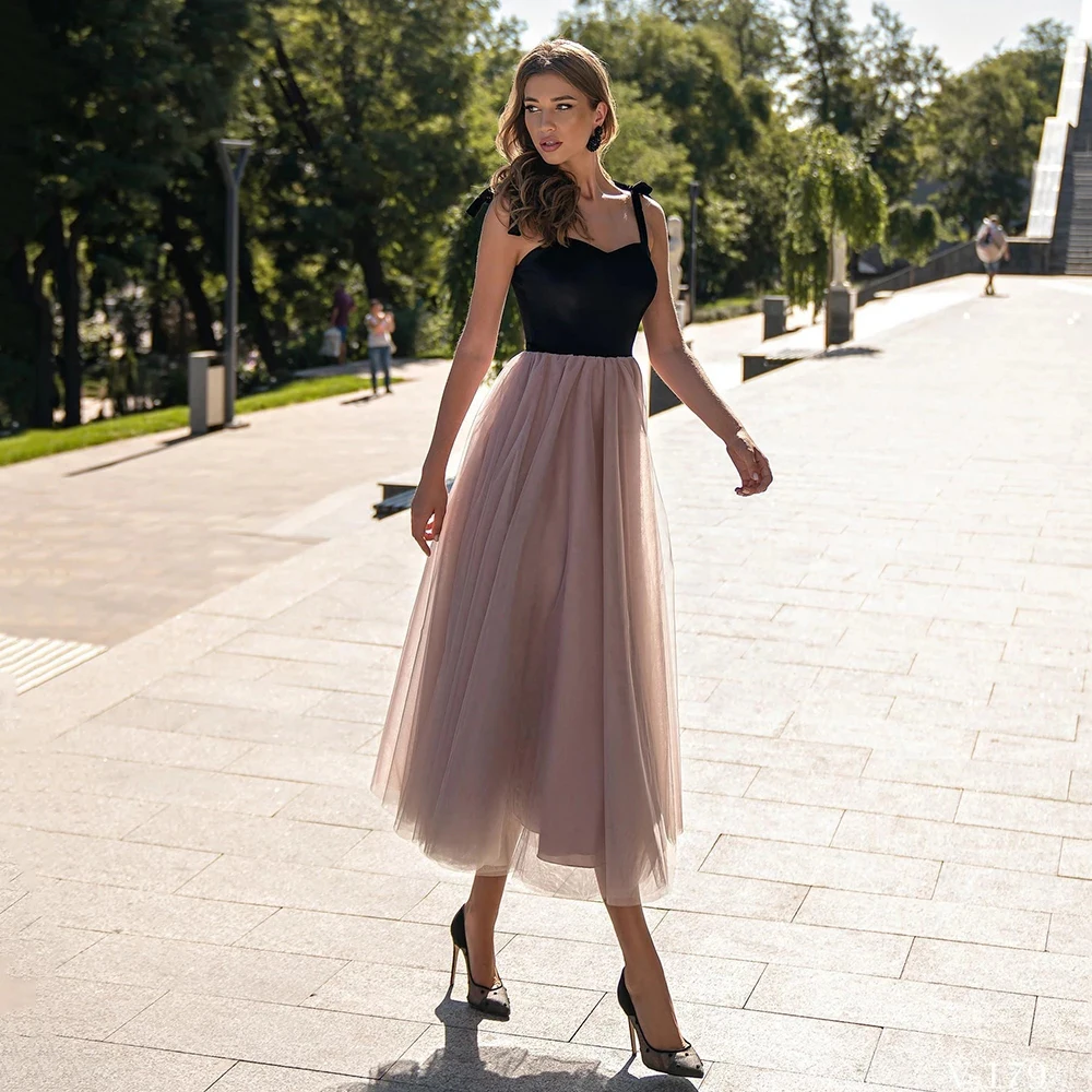 A Line Prom Dresses Sweetheart Adjustable Straps Short Tulle Tea Length Sleeveless Formal Evening Dresses Vestidos De Fiesta