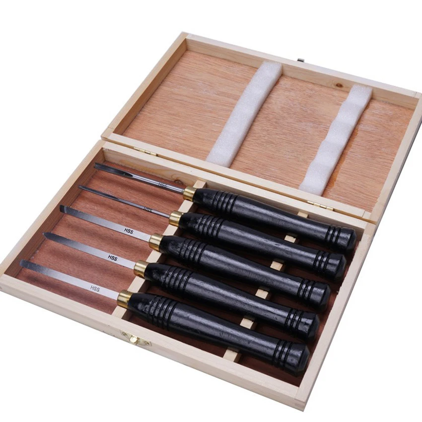 5PCS/Set Wood Turning Tools With HSS Blade Hardwood Handles Woodworking Lathe Chisel Set With Wooden Case For Storage