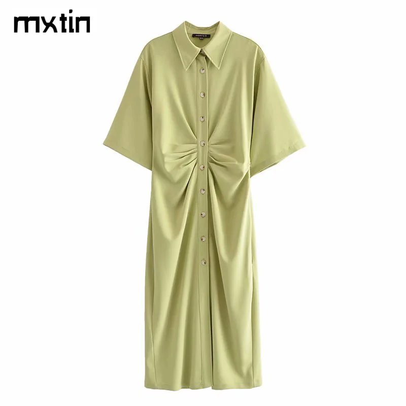 

MXTIN 2021 Women Summer Vintage Elegant Solid Midi Dress Fashion Turn-down Collar Short Sleeve Female Party Dresses Vestidos