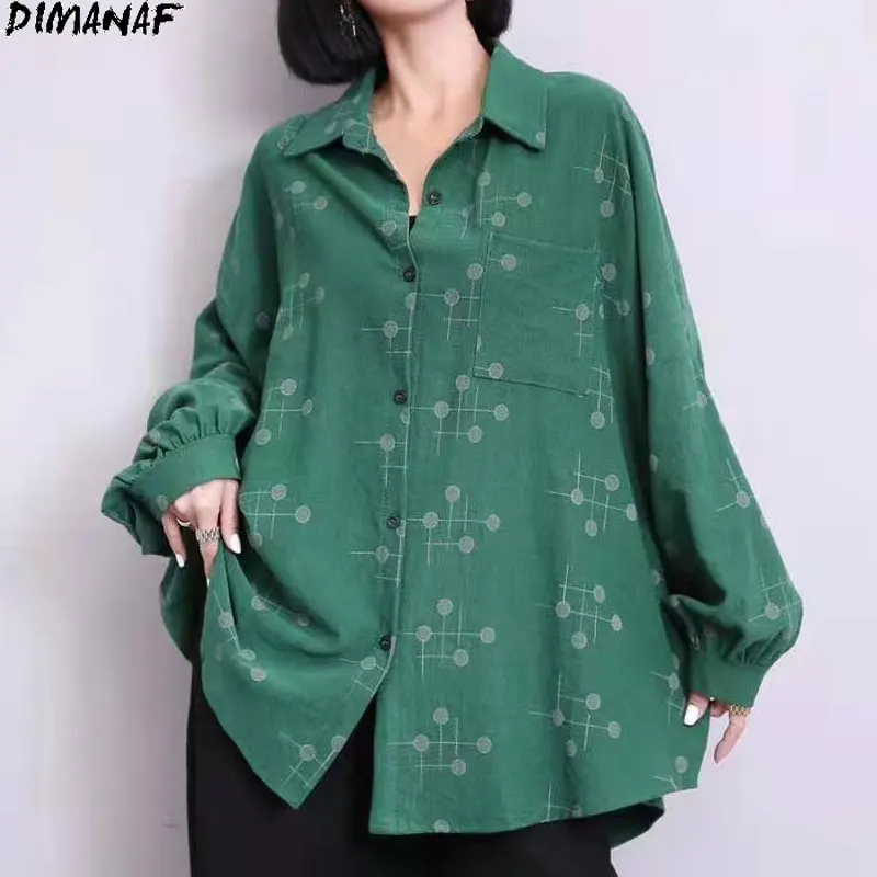 

DIMANAF 2021 Oversize Women Blouse Shirts Print Long Sleeve corduroy Cardigan Casual Spring Oversize Style Large Shirts 5XL
