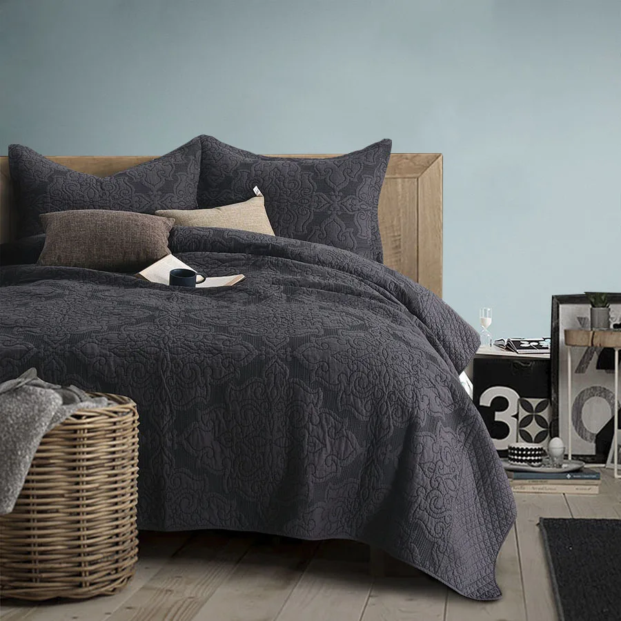 

CHAUSUB Franch Bedspreads Solid Quilts Sets 3PCS Cotton Embroidered Bed Cover Pillowcase Coverlet King Size Gray Blanket