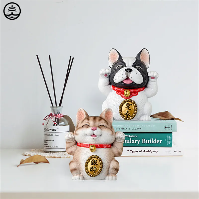 

Художественная Скульптура Lucky Dog и Cat, домашний декор, скандинавский Французский бульдог, статуя животного, полимерные поделки, настольные у...