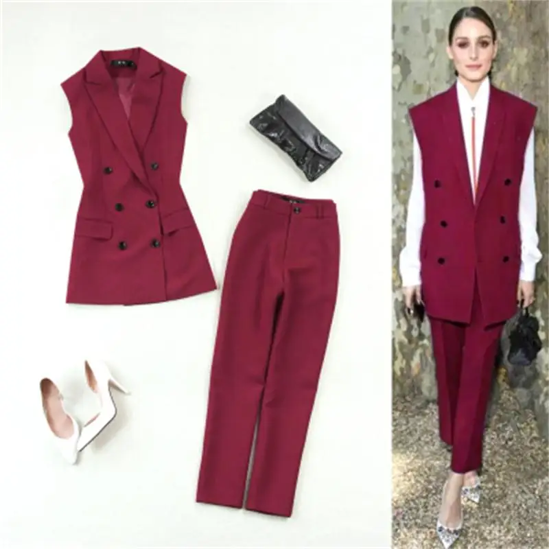 

Fashion Vest suit female summer New high quality Burgundy West Collar casual sleeveless Vest + feet pants two-piece Suit women