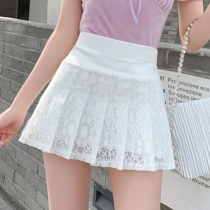 

2021 Summer New Style Miniskirt Women High Waist Lace Black White Sweet and Cute Student Skirt Fashion Pleated Skirt