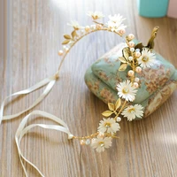 bride hair accessories gold plated leaf flower headband bridal tiara wedding hair jewelry ribbon wreath hairband pearl headpiece