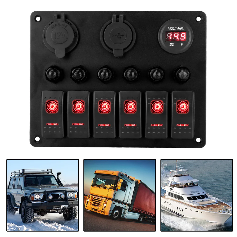 

DC 12V/24V 6 Gang Rocker Switch Panel Dual USB Ports Digital Voltmeter Car Marine Boat Circuit LED Breaker Aluminum Panel