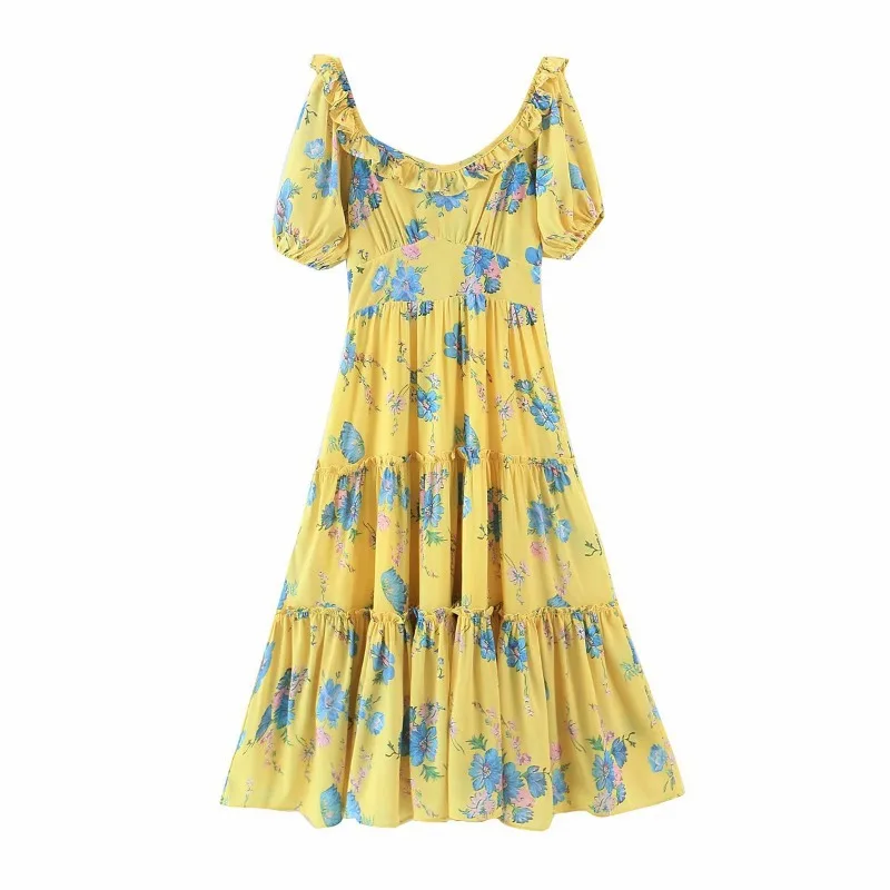 

TEELYNN Puff Sleeve Long Dresses For Women 2021 Vintage Yellow Floral Print Ruffles Summer Vestidos Bohemia Garden Party Dress