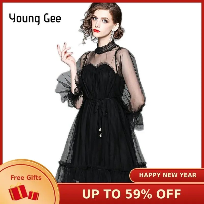 

Young Gee Sweet Summer Autumn Sexy Mesh Long Sleeve Lace Loose Dresses Women Ruffles Party Midi Runway Elegant Dresses vestidos