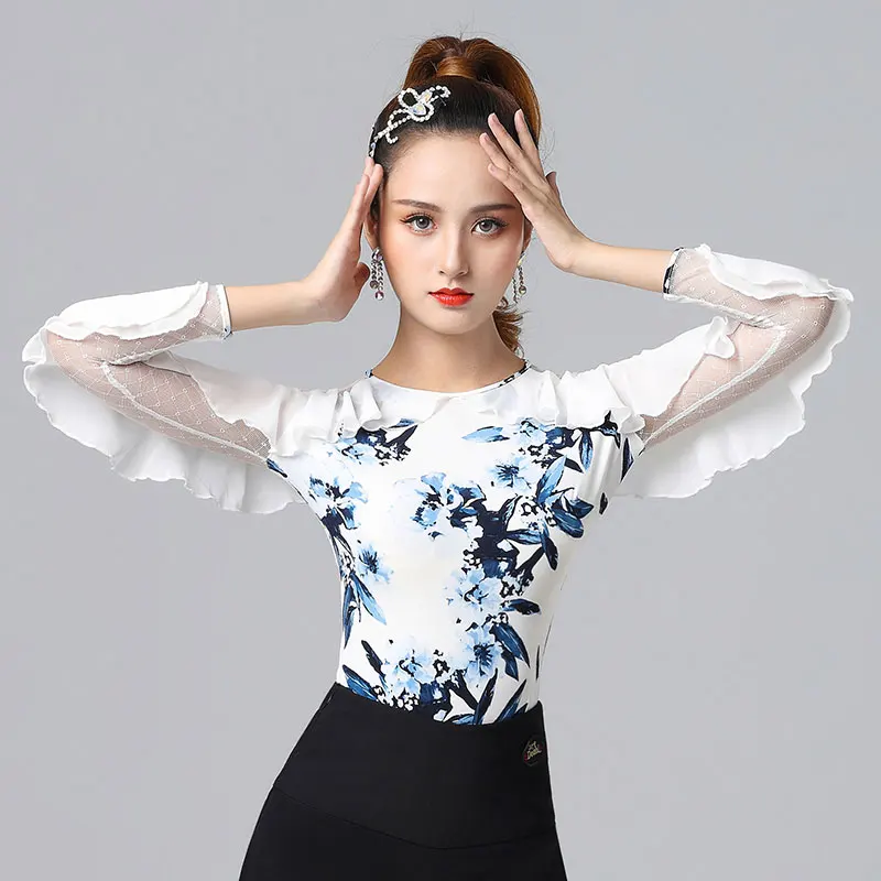 

Женский топ для латиноамериканских танцев, откровенный Топ с длинным рукавом и принтом в виде листьев лотоса для взрослых, топы для стандар...