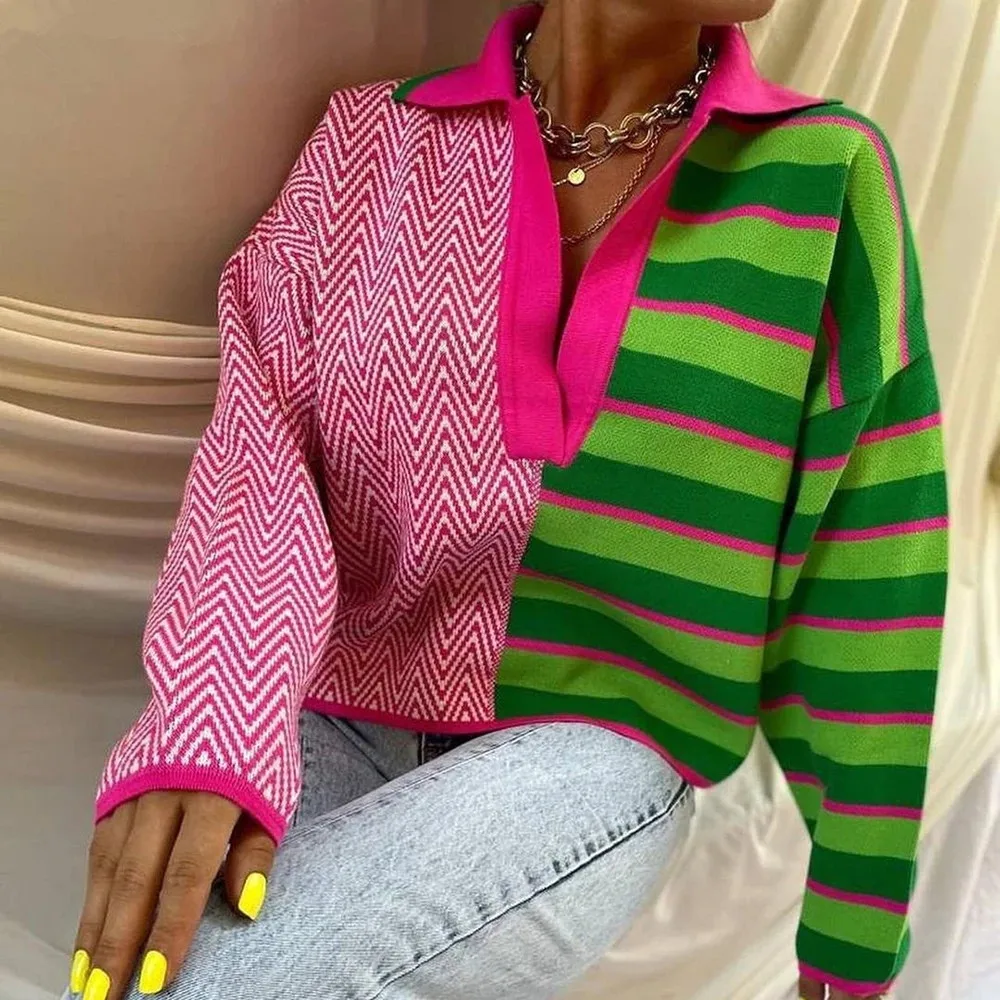 

Women's Knitwear Knitted Long Sleeve Colorblock Pullover Striped and Wave Pattern Lapel Sweater Jumper