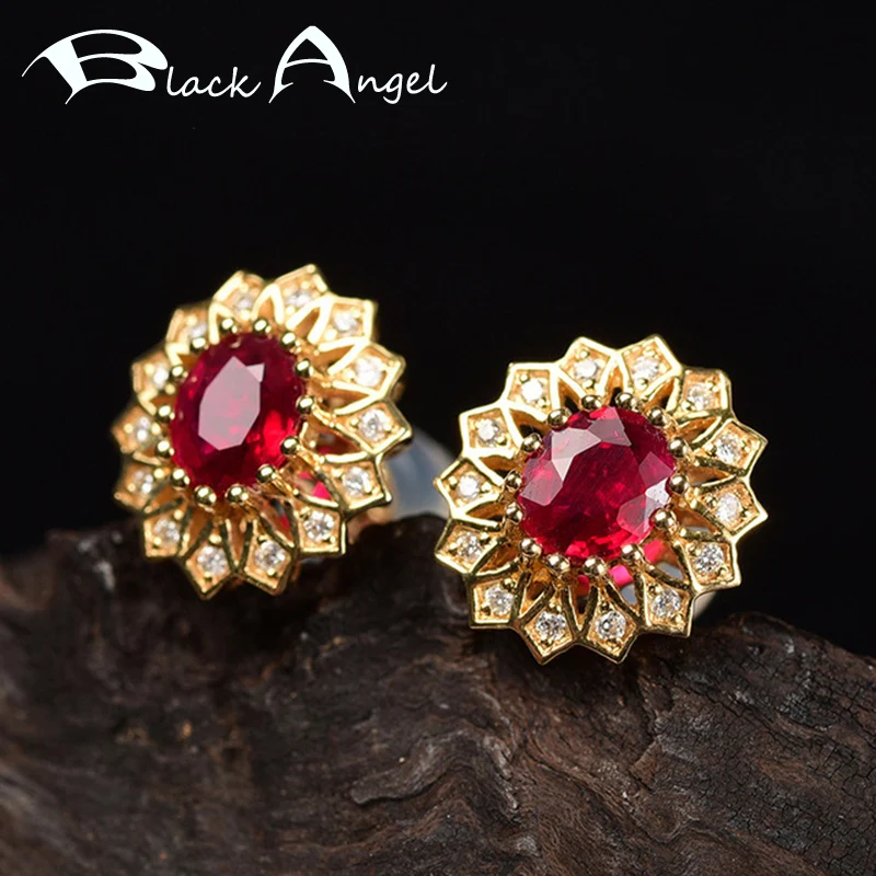 

BLACK ANGEL 925 Silver Luxury Ruby Red Tourmaline Gemstone Flower Shaped Stud Earrings For Women Fashion Jewelry Christmas Gift