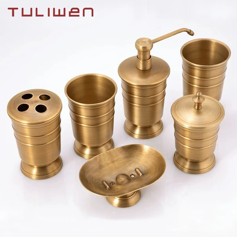 antique brass soap dish liquid soap dispenser toothbrush holder gargle cup storage tank 5pcs bathroom accessory set free global shipping
