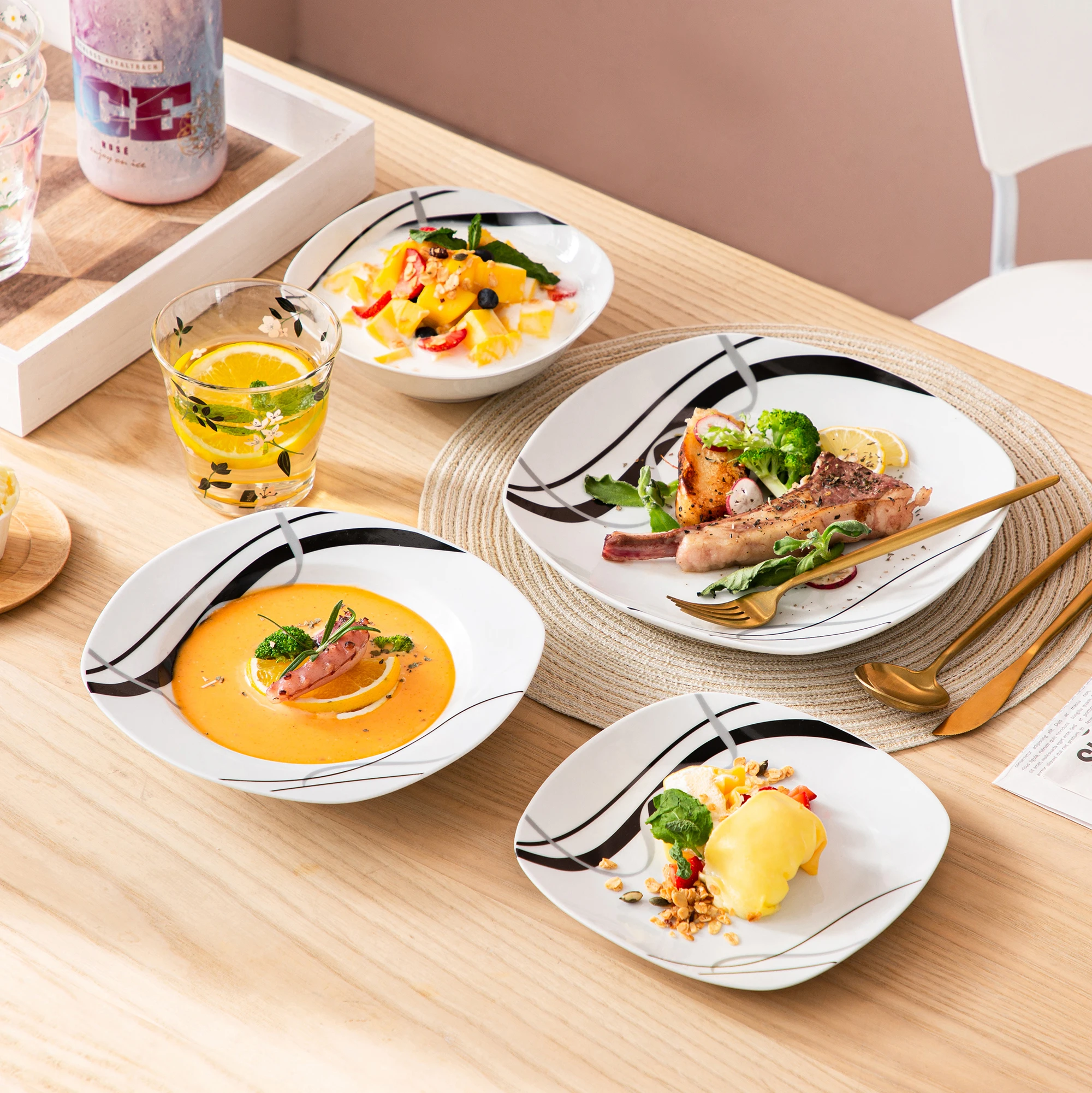 

VEWEET FIONA 24-Piece Ceramic Black Plate Combi-Set Porcelain Tableware Set of Bowls/Dessert Plates/Soup Plates/Dinner Plates
