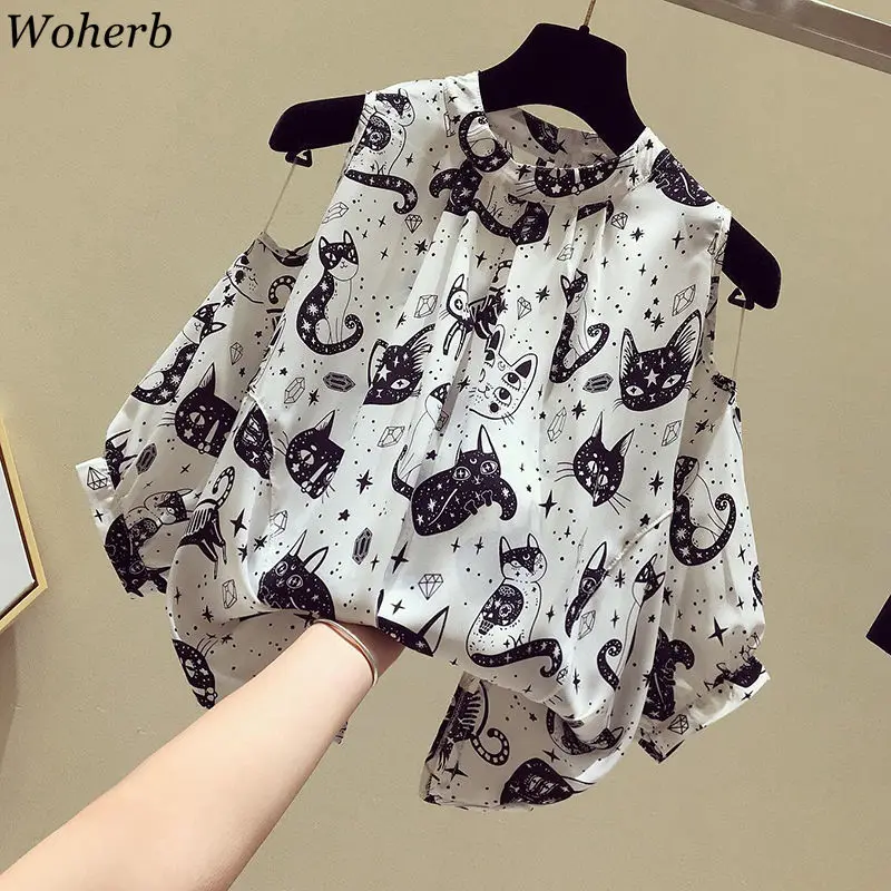 Женские блузки Woherb топ с открытыми плечами в стиле Харадзюку милая шифоновая