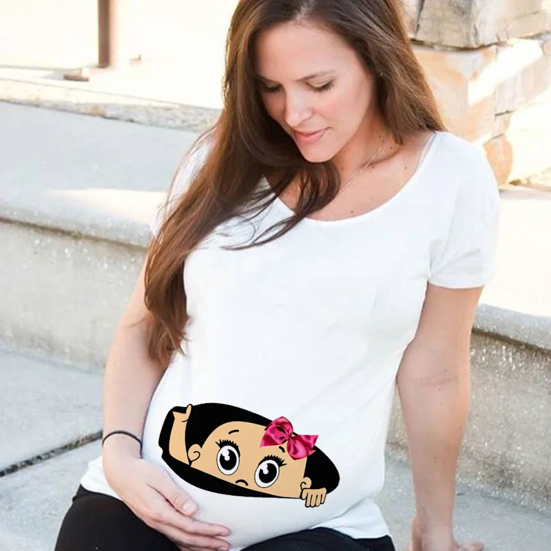 

Baby Peeking Maternity Tshirt Funny Zip Print Trendy Mom Plus Size T-shirt Summer Fashion Pregnant Woman T Shirts Pregnancy Tees