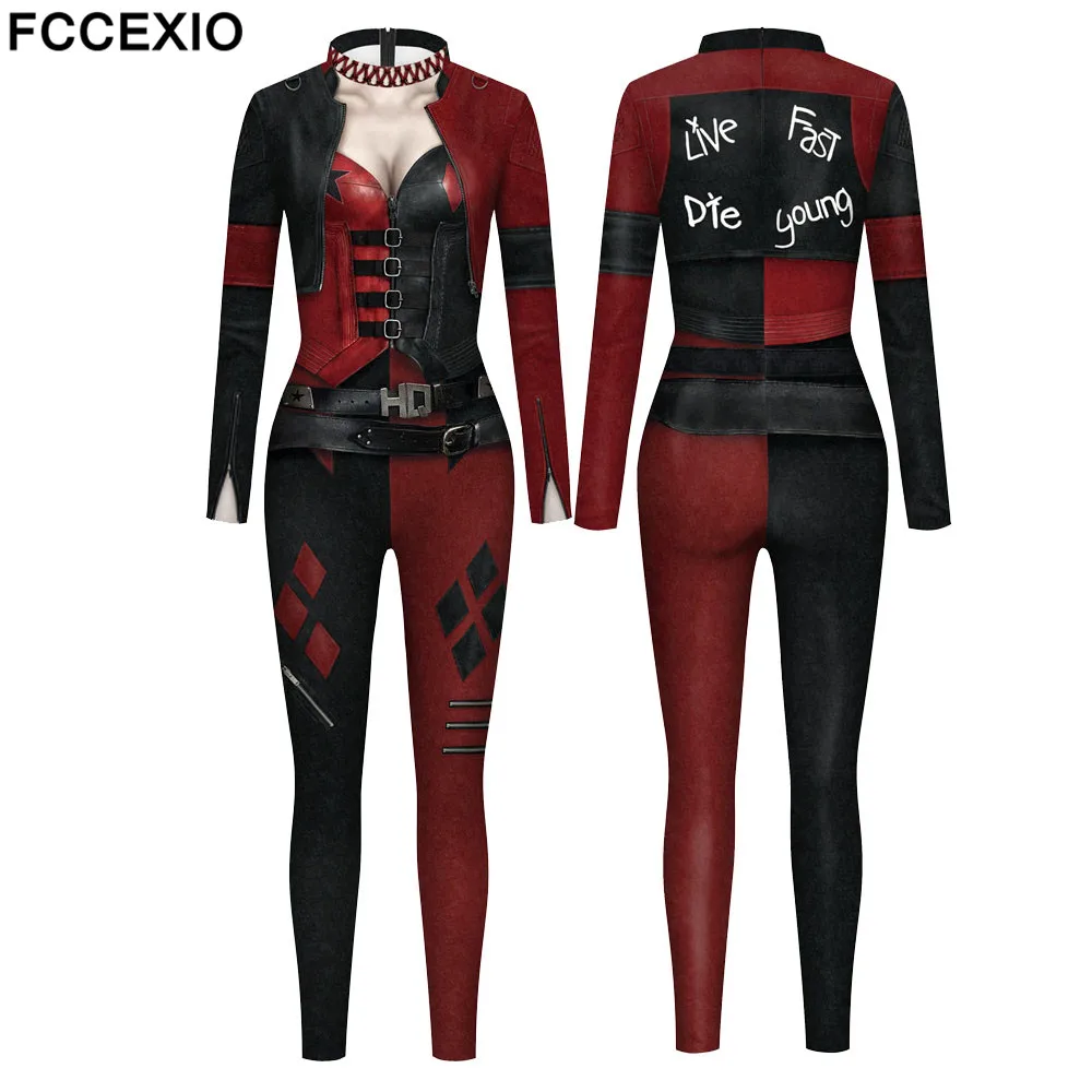 FCCEXIO The Party Series Cosplay Policewoman Print Jumpsuit  Long Sleeve Sexy Women Skinny Jumpsuit Elastic Bodysuits