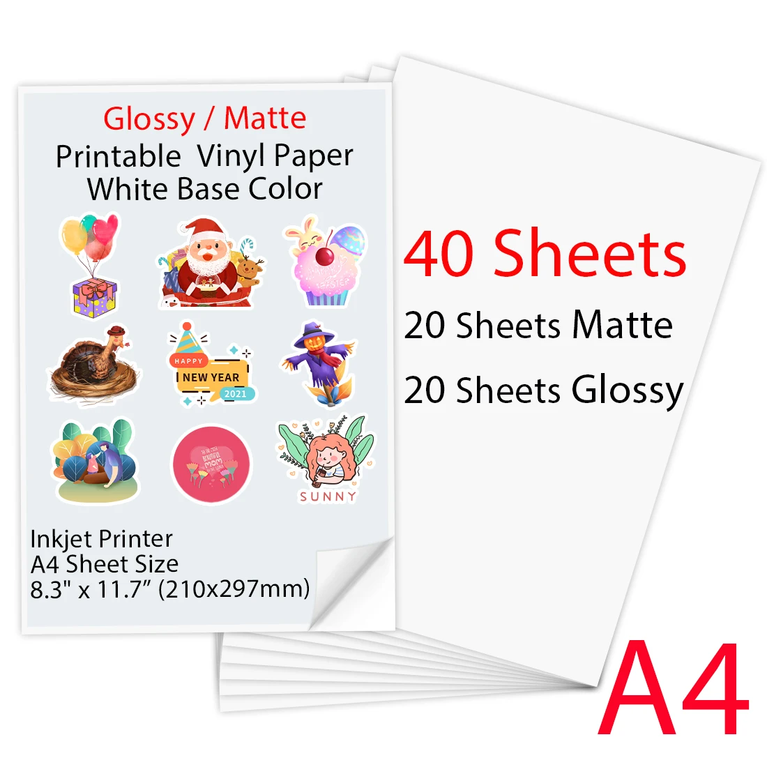 40 Sheets A4 Printable Vinyl Sticker Paper 210*297mm Glossy Matte Printing Copy Paper A4 Size White Paper for All Inkjet printer