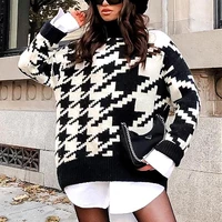 womens turtleneck oversized sweaters dress 2021 long sleeve loose casual pullover winter houndstooth knit jumper tops for women
