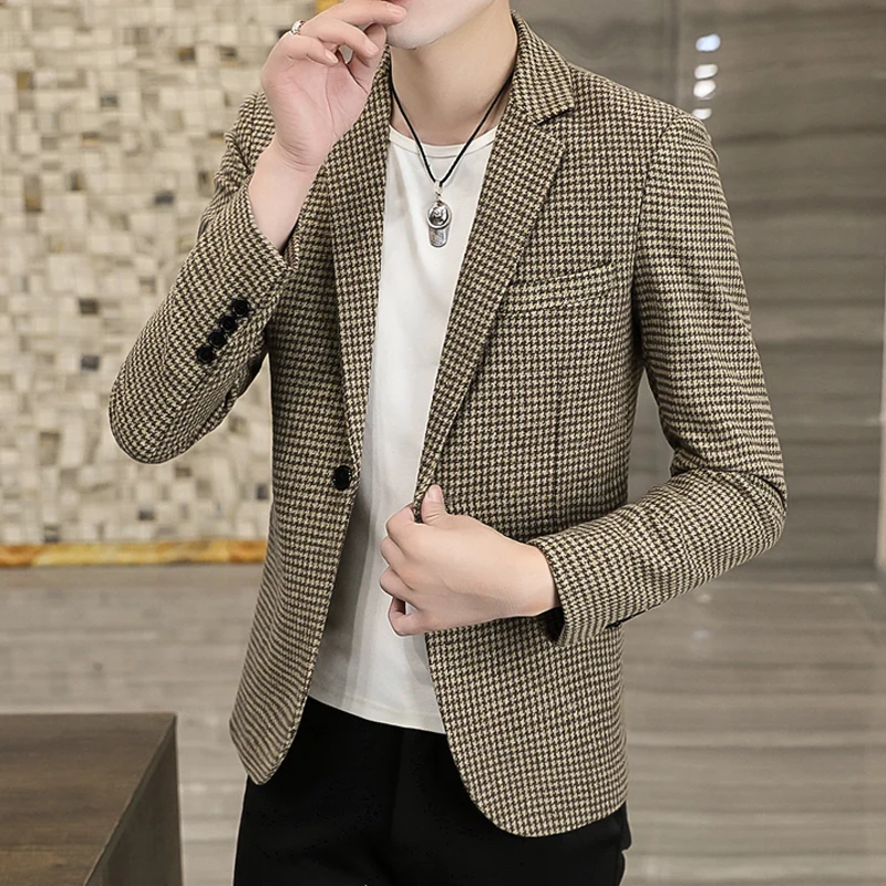 British Style Men Plaid Blazers Coat Single-breasted Slim Fit Social Dress Blazer Masculino Party Wedding Male Smart Casual Suit