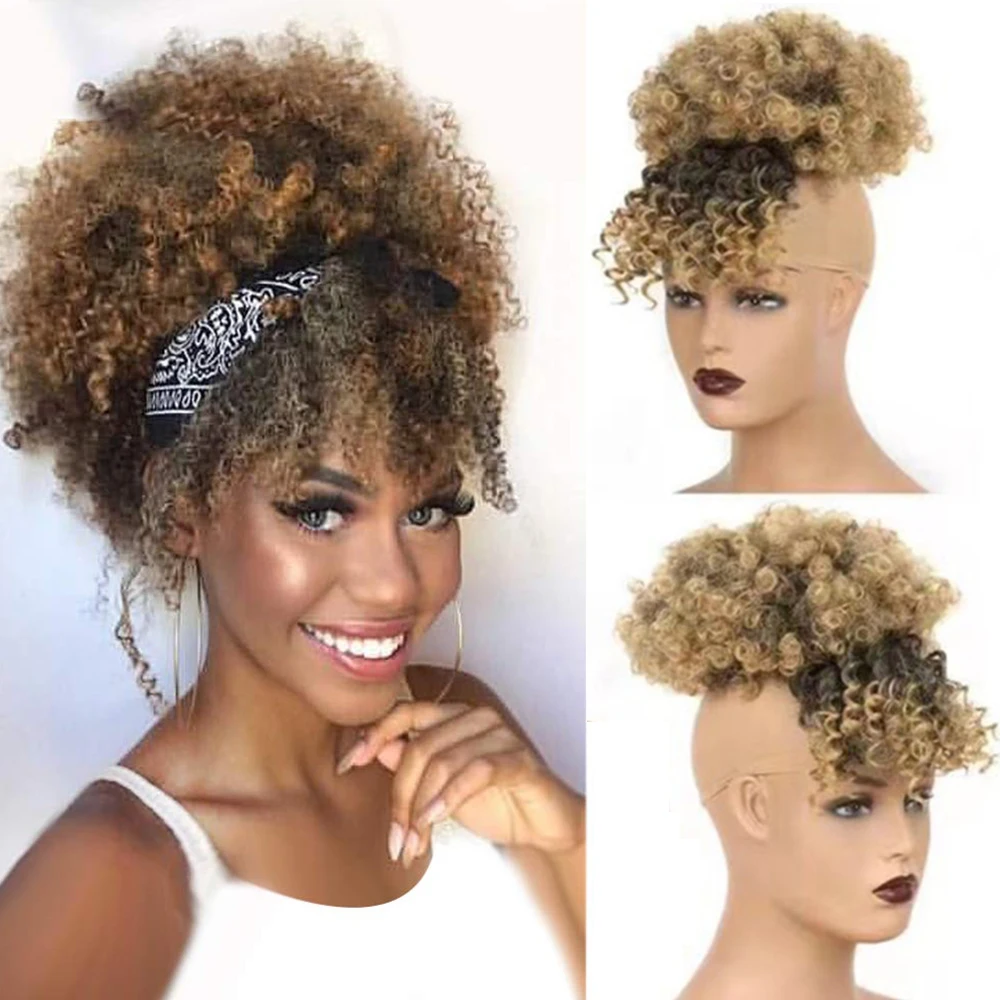 

YR Synthetic Afro Puff Hair Bun Ponytail Drawstring With Bangs Short Kinky Curly Pineapple Pony Tail Clip in on Wrap Updo Hair
