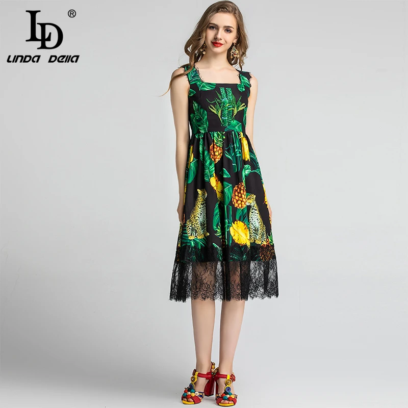 LD LINDA делла модное летнее платье женские спагетти ремень Кружева листья ананас