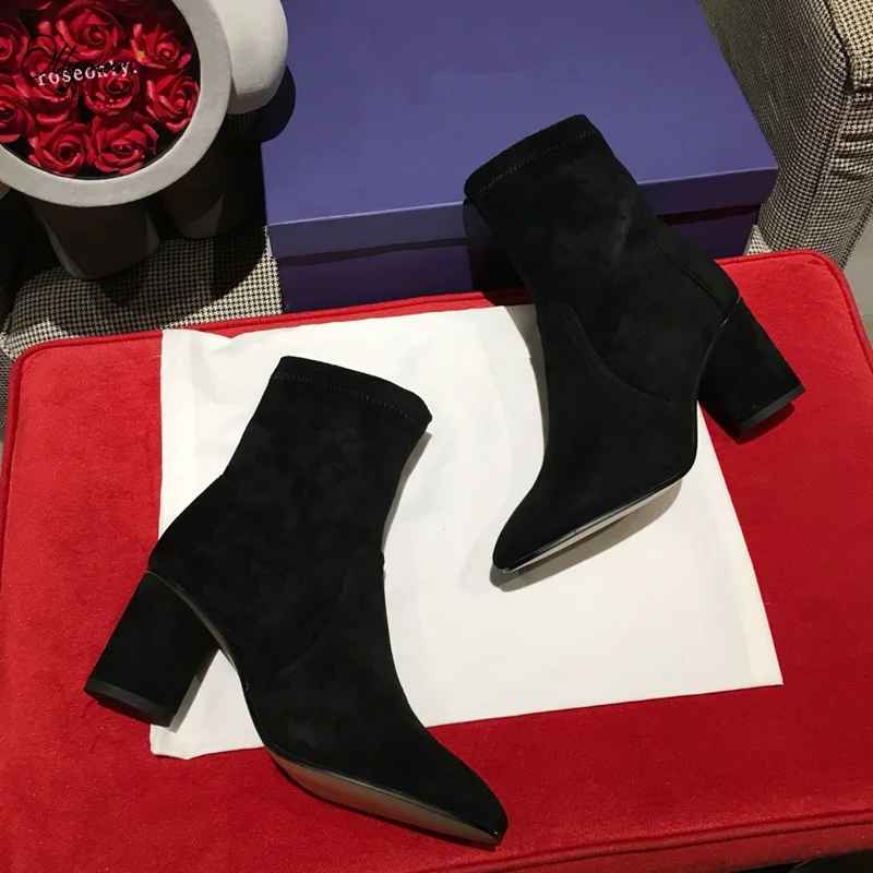 

OllyMurs Fashion Style Boots Women Shoes Black Kid Suede Ankle Boots For Women Thick High Heel Slip On Ladies Shoes Autumn Boots