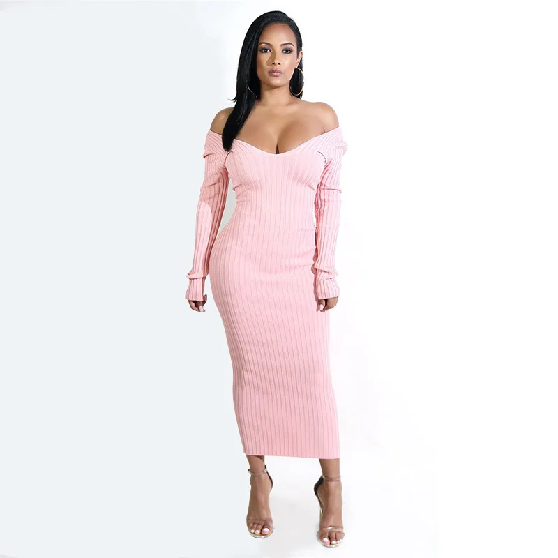 Ladies Sexy V-neck Knitted Dress Spring Autumn Women Fashionable Solid Color Long Sleeve Slim Skirt for Shopping | Женская одежда