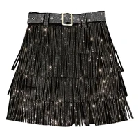 black diamond fringed pu leather skirts womens high waist sexy tassel female slim belted pencil mini club party skirt streetwear