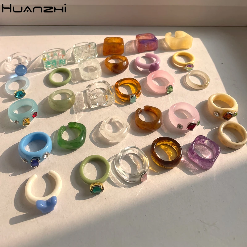 Набор круглых колец HUANZHI из прозрачной смолы для женщин стразы акрила с
