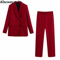 klacwaya 2021 women fashion office 2 piece suit vintage red double breasted slim blazer female high waist trousers commute set