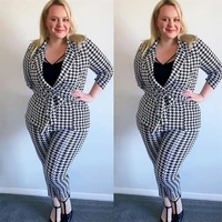 plus size 2 pieces women suits %d0%ba%d0%be%d1%81%d1%82%d1%8e%d0%bc %d0%b6%d0%b5%d0%bd%d1%81%d0%ba%d0%b8%d0%b9 houndstooth blazer with belt prom party wear custom made lady suit set