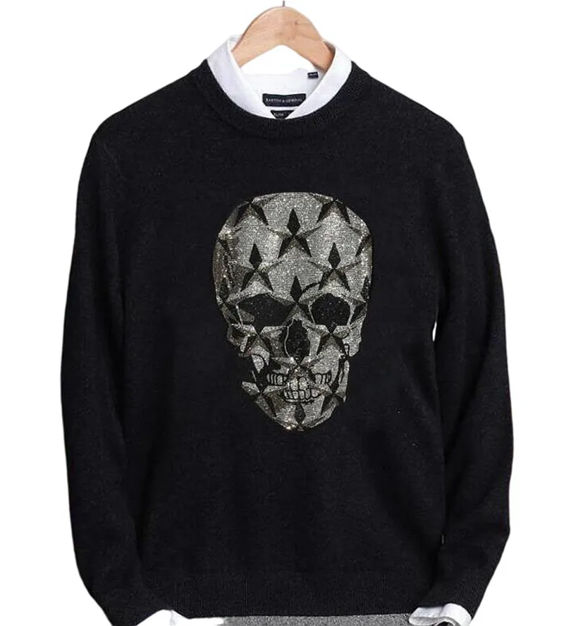 

Skull Rhinestones Anime Streetwear Sweaters Fashion Casual Slim Fit Cotton Knitted Sweaters Pullovers Men Clothing