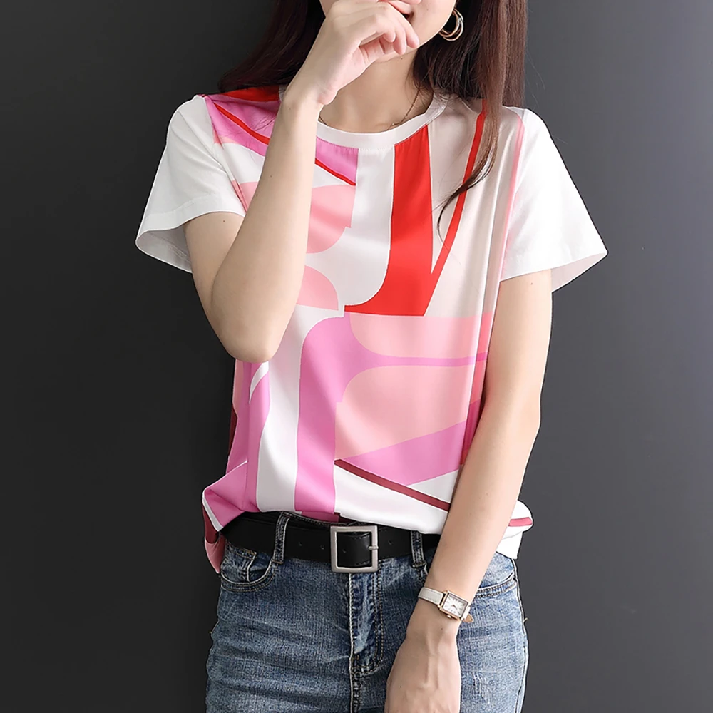 

Fashion Print Cotton T Shirt Woman Elegant Straight Short Sleeve O-Neck Thin White Tops Summer Clothes For Women
