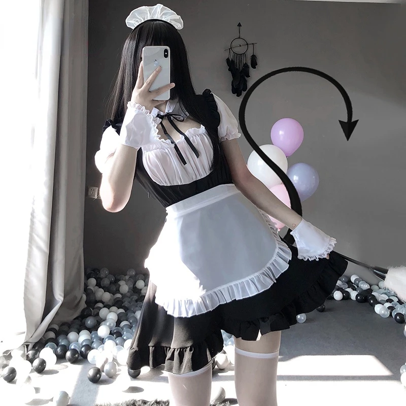 

Sexy Cute Lace Up Black and White Maid Dress Role Play Costume Transparent Chiffon Cosplay Anime Uniform Temptation Suit