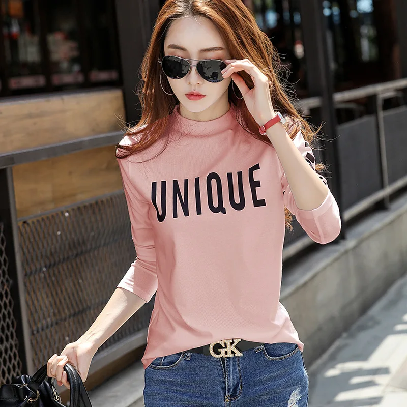 

Winter Woman Tshirts Large Size Solid Color Letter Print Round Neck Long Sleeve Aesthetic Women's Cute Tops Fall Clothing 2020